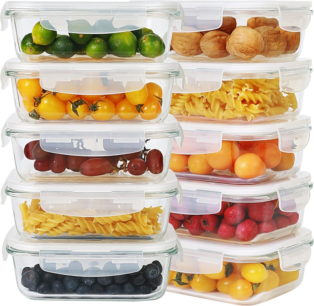 DAS TRUST 10 Pack Glass Meal Prep Containers Meal Prep Bowls Food Storage Containers Glass Food Prep Containers with Lids Lunch Container for Adults Lunch Box Bento Boxes