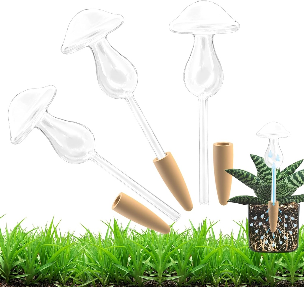 3 Pack Non-Clogging Mushroom Plant Watering Globes with Terracotta Spikes, Hand Blown Glass Self Watering Planter Insert Plant Watering Devices Bulbs for Indoor and Outdoor Plants