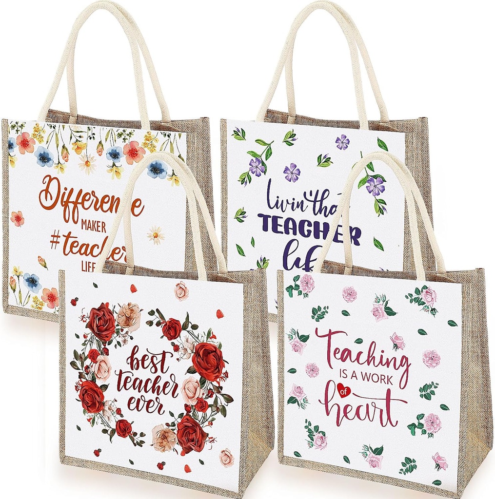Silkfly 4 Pcs Teacher Appreciation Tote Bag Christmas Gifts for Women Best Teacher Appreciation Gifts Burlap Tote Bag with Handles for Graduation Party First End Day of School Grocery Shopping