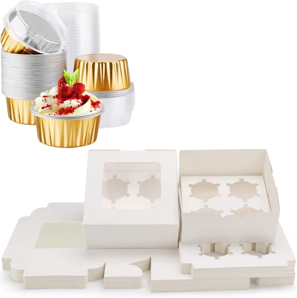 EUSOAR Disposable Ramekins and Cupcake Boxes, Gold 50pcs 5oz Mini Aluminium Foil Baking Cups with Lids, 50pcs Food Grade White Color Cupcake Carrier with Insert Display Window Fits 4 Cupcakes