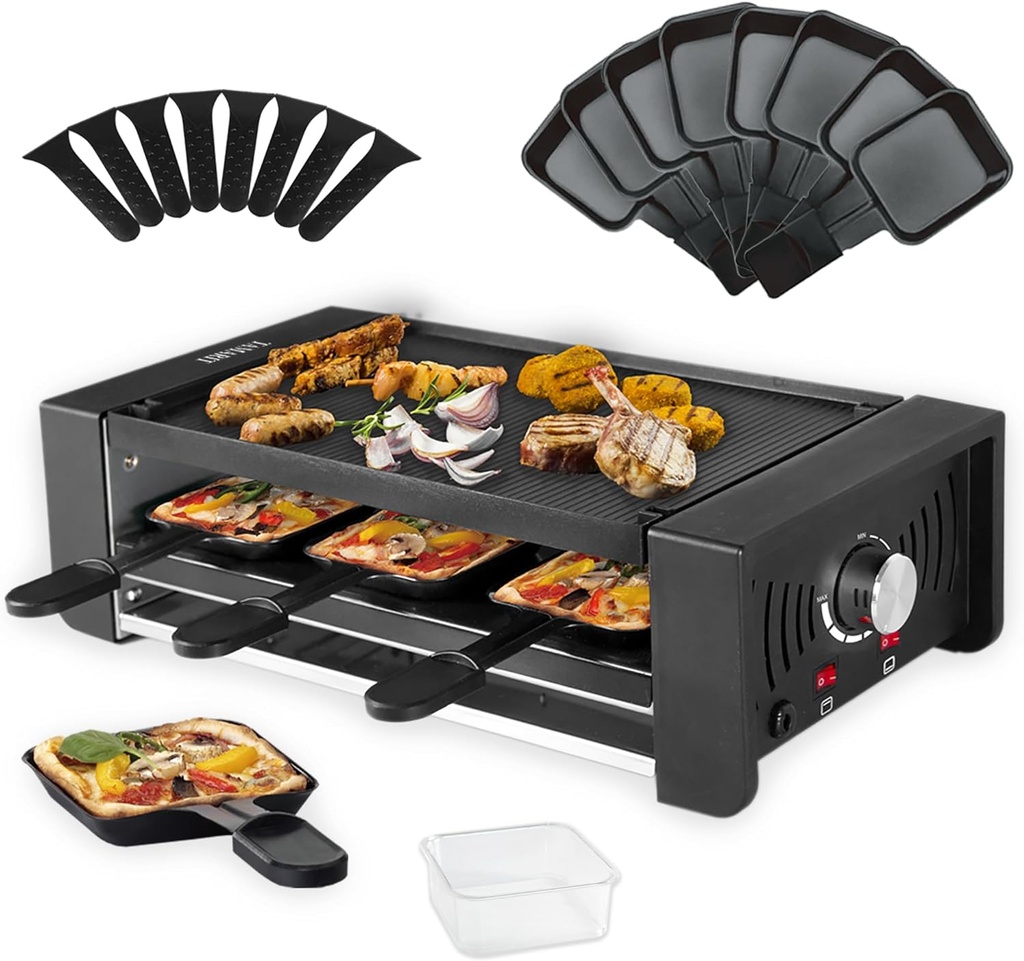 TAMARIT Raclette Party Grill Portable Indoor Electric Korean BBQ Grill 2 in 1 Raclette Table Griddle with Nonstick Coating Plate 4 Pizza Pans 8 Cheese Trays Upper and Lower Heater, PFAS-No