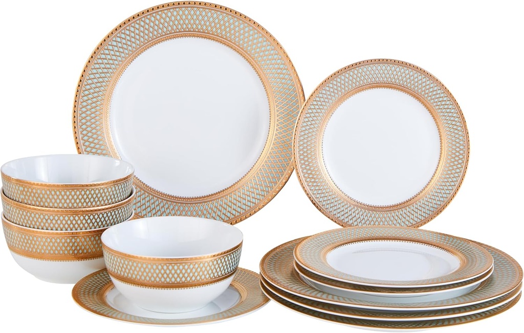 Porcelain Dinnerware Setwith Gold Trim Vintage Opulence Design (Geometric Pattern, Service for 4)