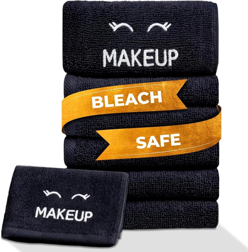 White Classic Bleach Safe Black Makeup Washcloths for Face Cleansing, 6 Pack - Super Soft Luxury Cotton Black Makeup Towels, Highly Absorbent and Quick Dry, All Makeup Remover Cloth | 13 x 13