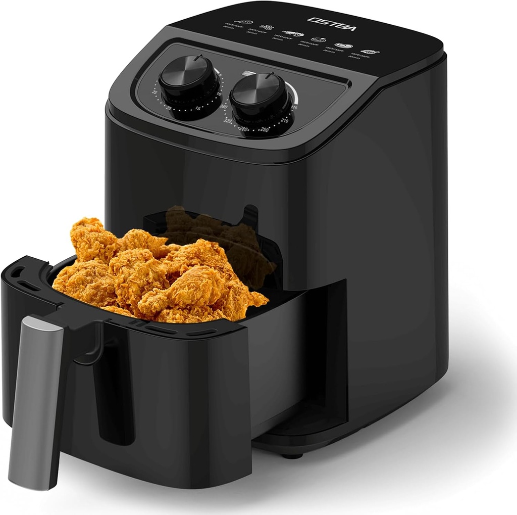OSTBA 2.5QT Air Fryer for 1–2 People, Small Air Fryer with 6 Menu Options, Dual Knob Manual Temp & Timer, 3D Rapid Air Circulation, Nonstick & Dishwasher Safe Basket, Oil-Free Healthy Cooking