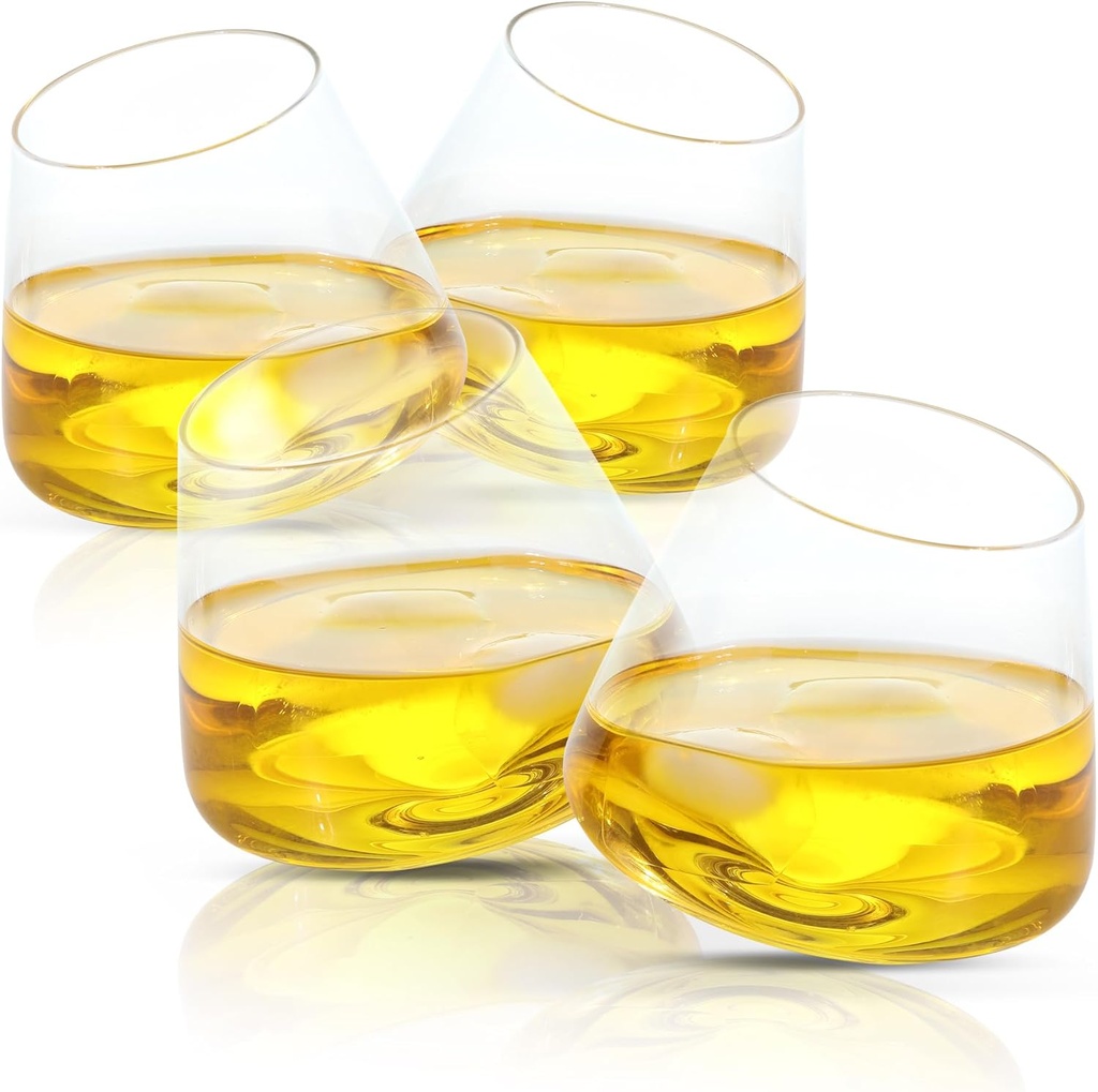 QUAFFER Tilted Whiskey Wine Glasses Tumblers Set of 4 – Naturally Aerates – No Spill Leaning Glass – Modern & Elegant - Old Fashioned Crystal Glass for Drinking Scotch Bourbon Cocktails Glassware