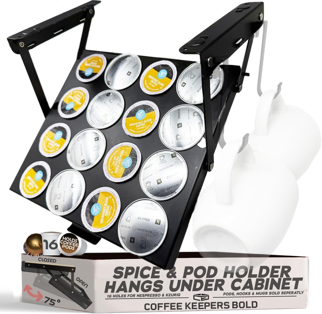 16 Pod - Under Cabinet Coffee Capsule and pod Holder – Space-Saving Hinge Hanging, Magnet Steel Construction Organizer for Small Spaces – Black