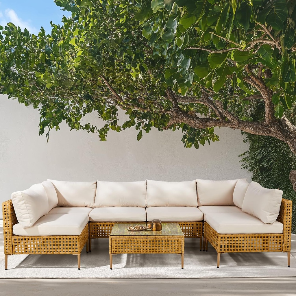 VINGLI 7 Piece Outdoor Patio Furniture Sets, Outdoor Sectional Furniture PE Rattan Wicker Sofa Set, All Weather Patio Conversation Set with Cushion for Backyard, Porch