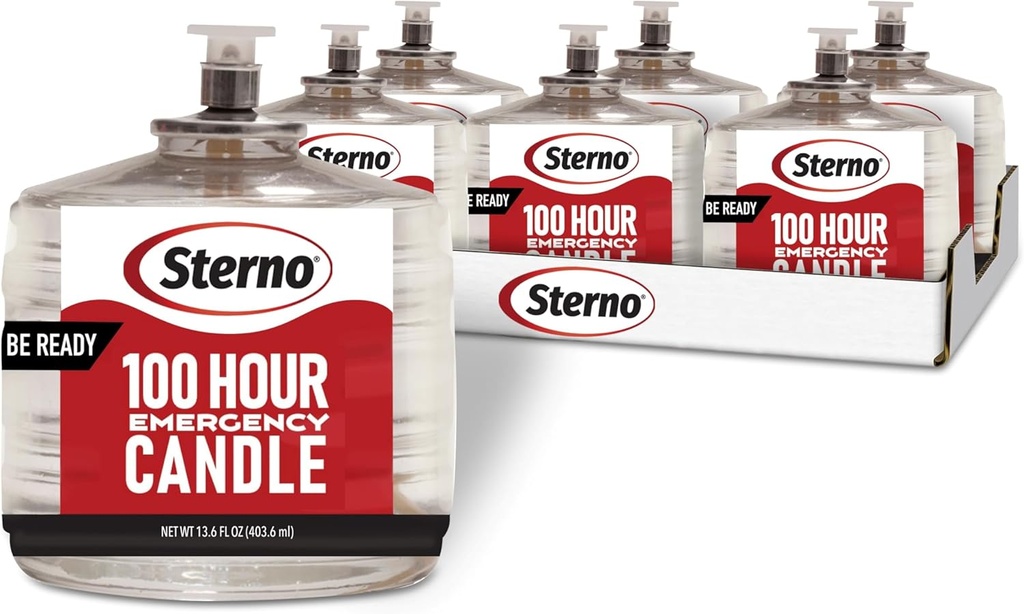 Sterno 100-Hour Emergency Candles - Long Burning Unscented Candles for Emergencies and Power Outages - Burns Up to 100 Hours - Set of 6 - Clean Burning Liquid Paraffin