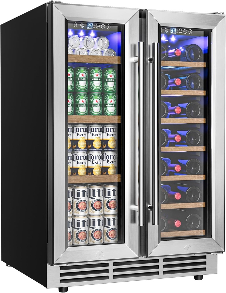 EUHOMY Wine and Beverage Refrigerator, 24 Inch Dual Zone Wine Cooler with Glass Door Hold 21 Bottles and 88 Cans, Built in or Under Counter Wine Fridge with Blue LED Light
