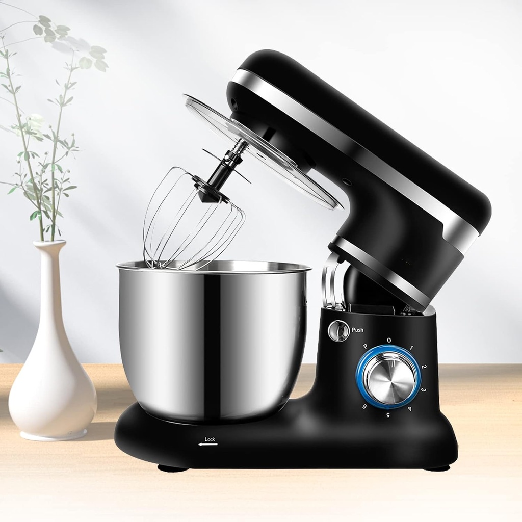 Stand Mixer, Tilt-Head Food Mixer, Kitchen Electric Mixers with 6 Speeds 5-QT Stainless Steel Mixing Bowl, Dough Hook, Wire Whisk, and Beater Attachments for Most Home Cooks,Black