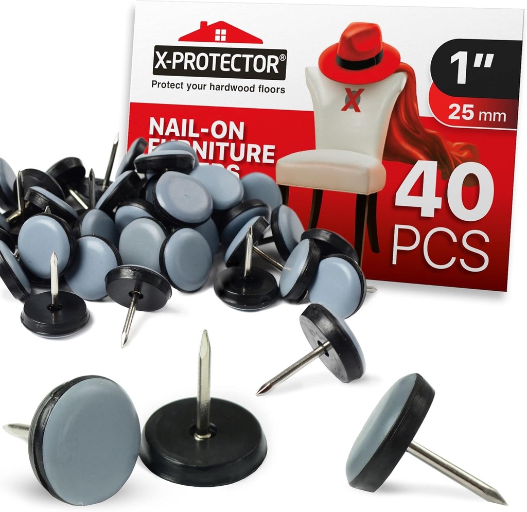 Chair Glides X-PROTECTOR – 1" Furniture Glides 40 pcs – Grey Nail-on Chair Sliders – Premium Chair Leg Floor Protectors – Slide Effortlessly with Chair Leg Pads That Protect Your Floor!