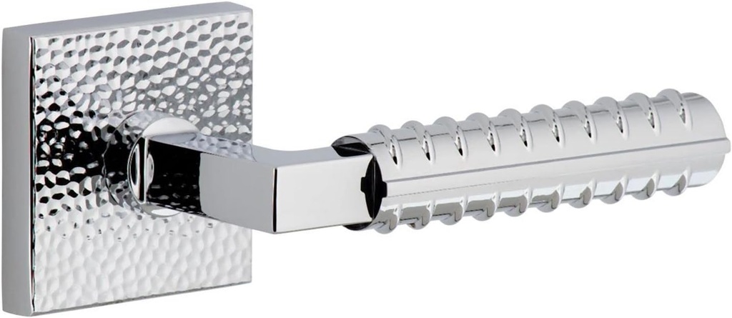 Viaggio QADMHMCON-REB_PSG_238_RH Quadrato Hammered Right Handed Solid Brass Passage Door Lever Set with Contempo Rebar Lever and Quadrato Hammered Backplate - 2-3/8" Backset - Bright Chrome