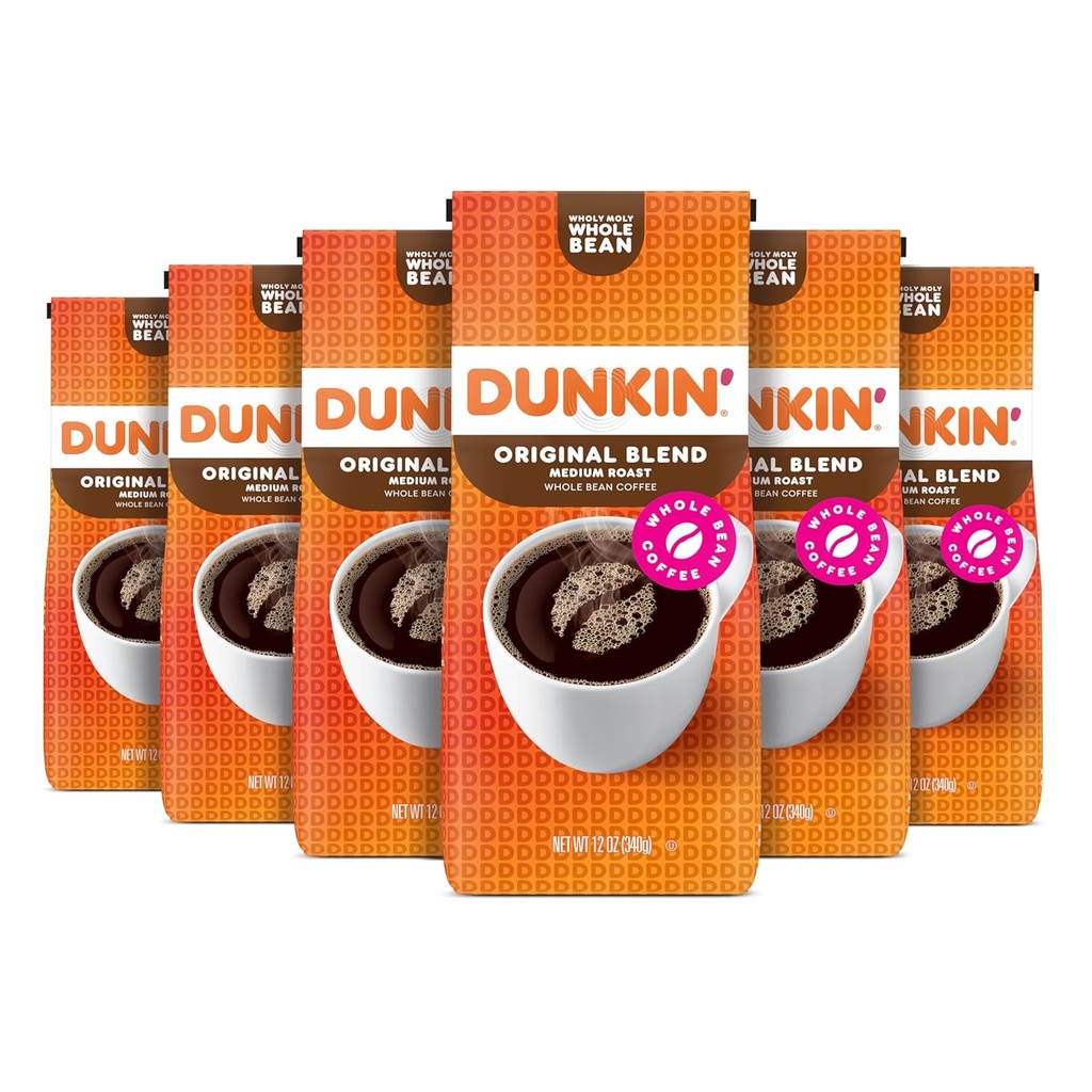 Dunkin' Original Blend Medium Roast Whole Bean Coffee, 12 Ounces (Pack of 6)
