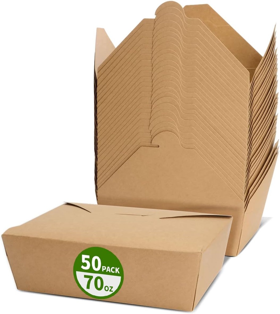 50 Pack 70 oz Large Take Out Food Containers - Heavy Duty Microwavable Kraft Brown Paper To Go Box #3 - Grease Resist Paper Lunch Box Cardboard Take Out Box for Restaurant, Household, Party