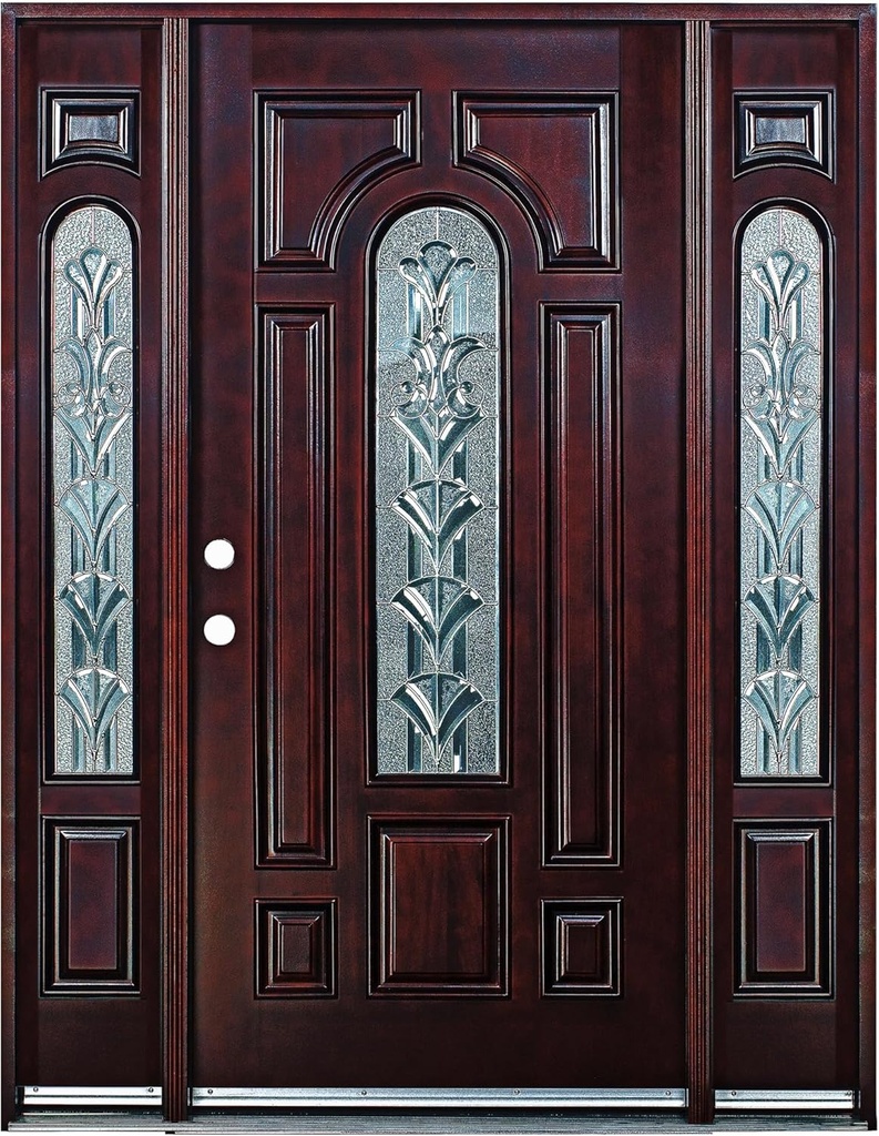 Exterior Wood Door with Arched Glass Pre-Hung Pre-Finished Entry Door 280 with 12 Inch Side Lights- Righthand Swing 36x80
