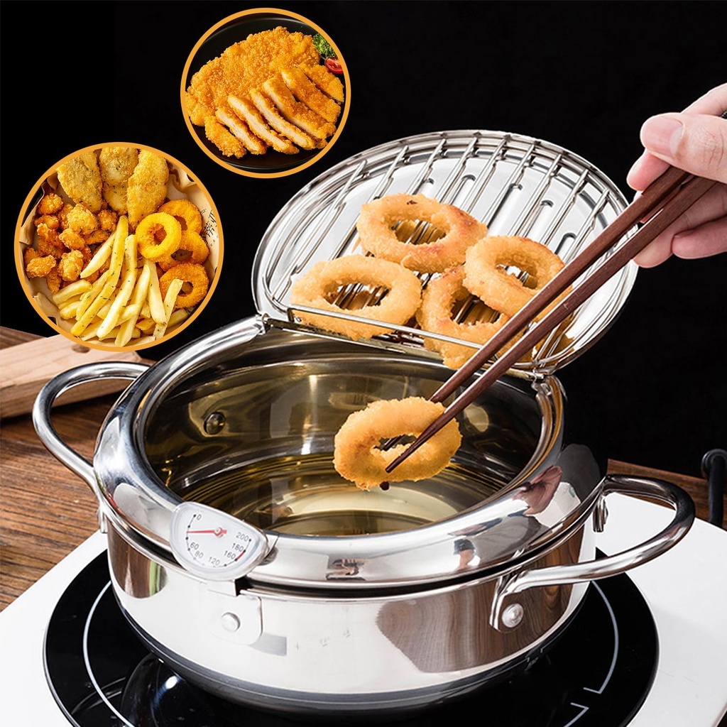 Deep Fryer Pot Japanese Style Tempura 9.4Inch/3.2L Deep Frying Pot With Thermometer 304 Stainless Steel Oil Drip Drainer Rack Lid For Kitchen French Fries Chicken Fish Chips Vegetables Seafood
