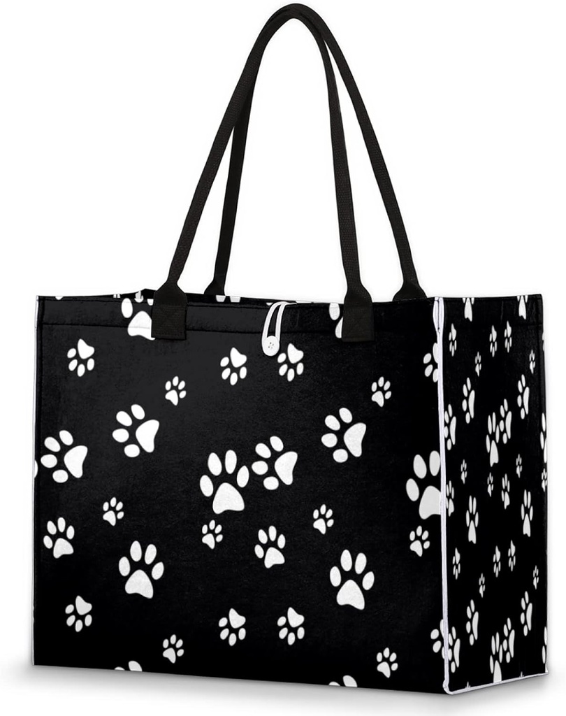 AUUXVA Beach Tote Bag White Puppy Paw Print Black Large Travel Bag Utility Tote Bag Women Shoulder Bag Reusable Grocery Bag with Zipper Pouch for Travel Shopping Work School…