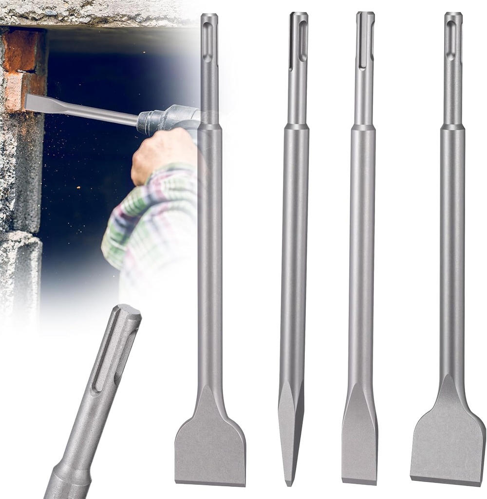 SDS Plus Chisel Set for Rotary Hammer Drills, 4 PCS SDS Chisel Set Includes Point, Flat, Scaling, Tile, 40Cr Steel, Hammer Drill Bits for Brick, Concrete, Block, Masonry