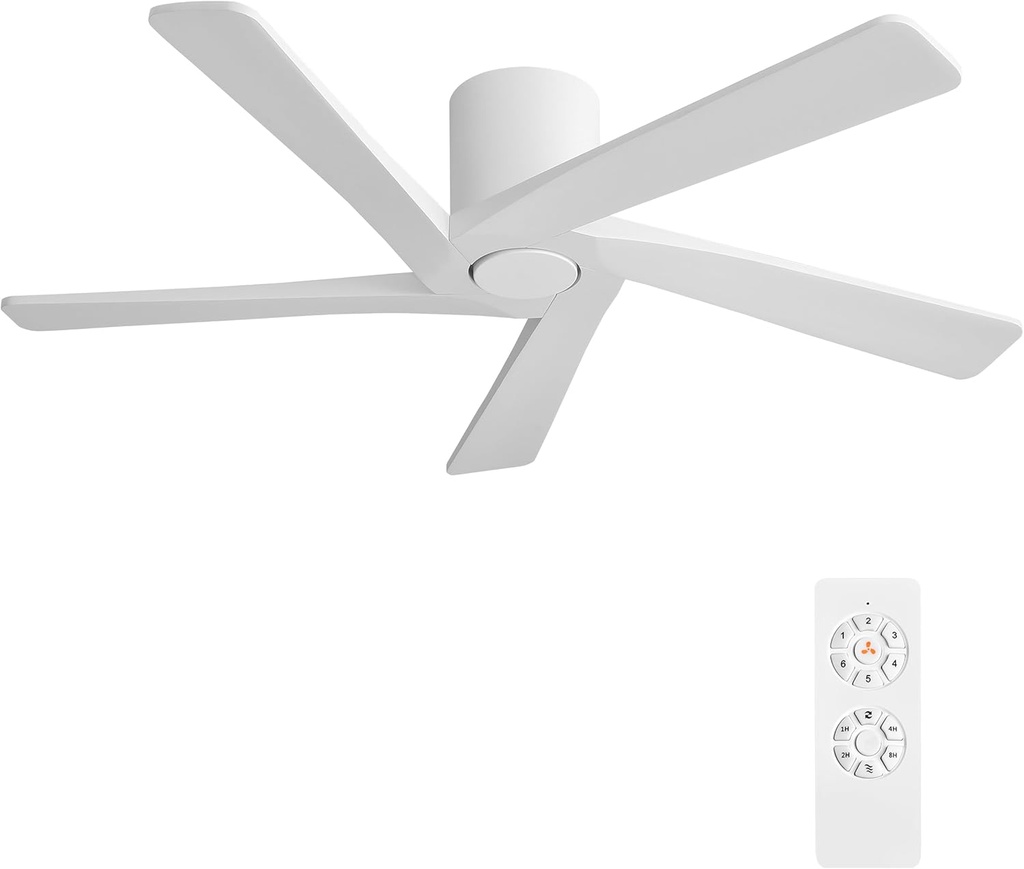 WINGBO 48 Inch Flush Mount DC Ceiling Fans without Lights, 5 Carved Solid Wood Blades, 6-Speed Reversible DC Motor, Low Profile Hugger Ceiling Fan No Lights for Indoor and Outdoor, Gloss White