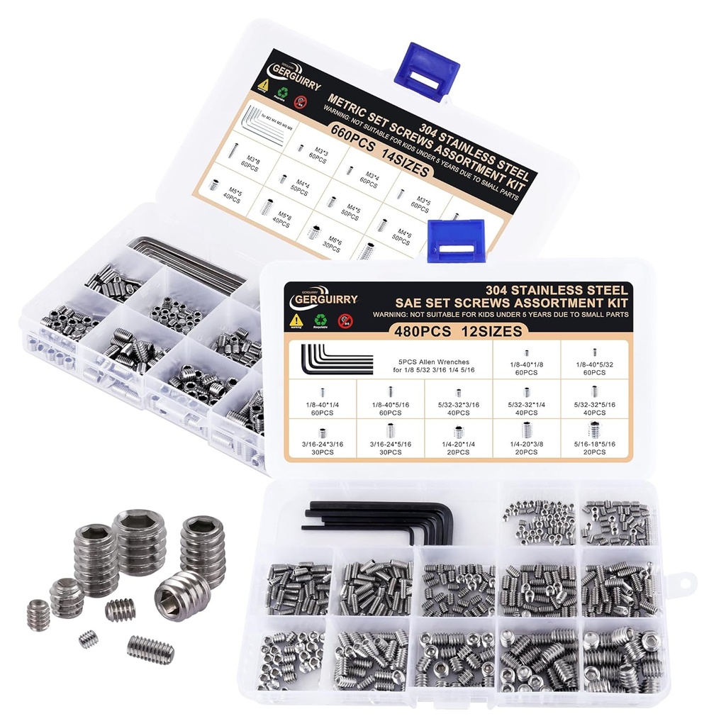 1150PCS Screws Assortment Kit, Standard Metric + SAE Stainless Steel Screws, Allen Head Socket Hex Grub Set Screws for Bathroom Fixtures, Towel Bar (M3-M8, 1/8"-40 to 5/16"-18)