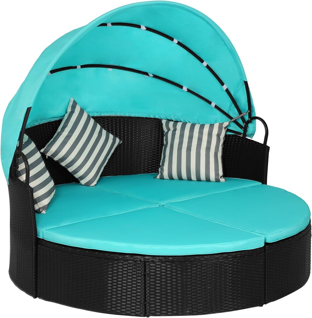 Outdoor Round Daybed Patio Bed Wicker Patio Furniture Outdoor Day Bed with Retractable Canopy Rattan Separated Seating Blue Washable Cushioned and Three Pillow for Patio Backyard Porch Pool