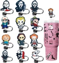 12pcs Horror Halloween Straw Toppers for Stanley Cups Horror Movie Characters Silicone Straw Covers for Stanley 30&40 Oz Tumbler, Reusable Soft Drinking Straw Caps for 10 mm Straws