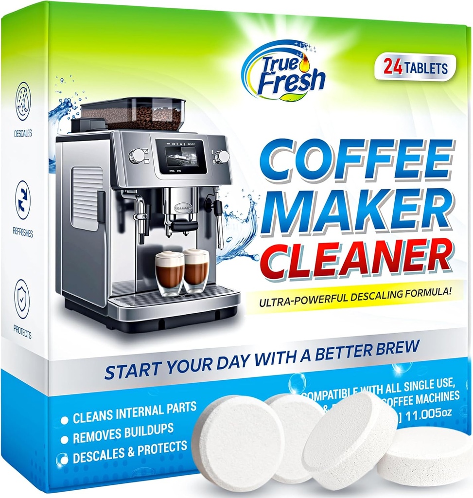 True Fresh Coffee Machine Descaler & Cleaner Tablets - 24 Count, Uses for Keurig, Breville, Miele, Delonghi, Ninja, Nespresso, Coffee Maker Pot cleaning Tabs, Descale Drip Coffee & Espresso Machines