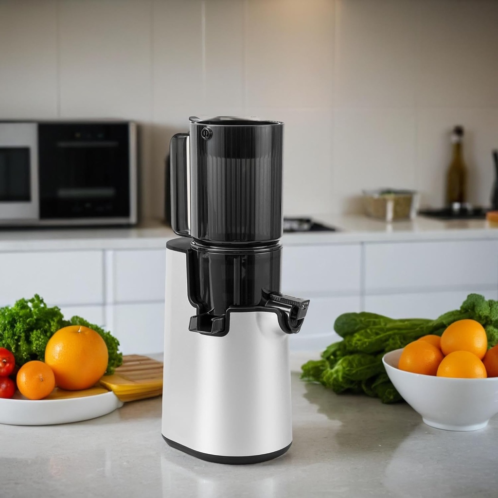Slow Masticating Juicer, Cold Press Juicer with 4" Wide Chute, Reverse Function, Quiet Motor, BPA-Free – Ideal for Fruits & Vegetables, Leafy Greens (Silver)