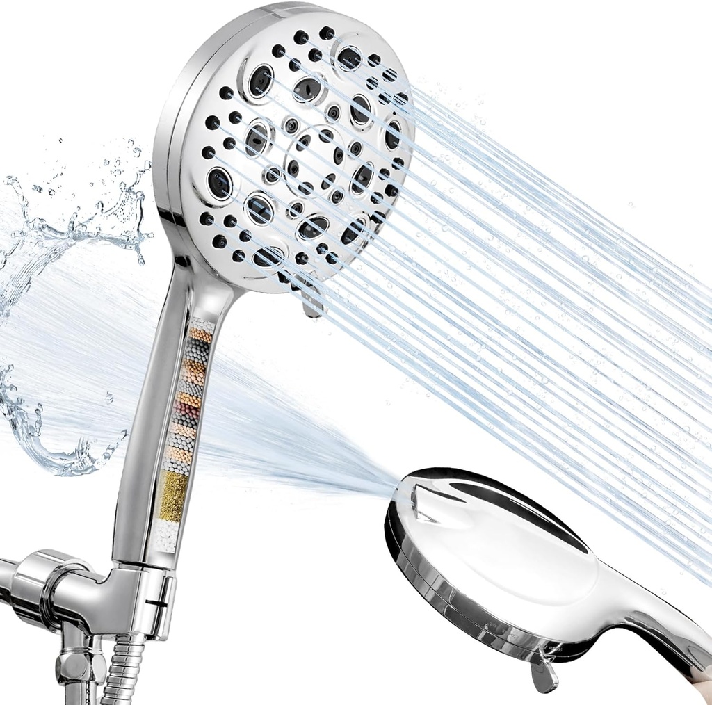 Chrome Shower Head with Filters Detachable 10-Mode Silver Filtered Shower Heads with Handheld Spray High Pressure Filtering Showerhead with Hose Adjustable Shower Wand Bracket Showers
