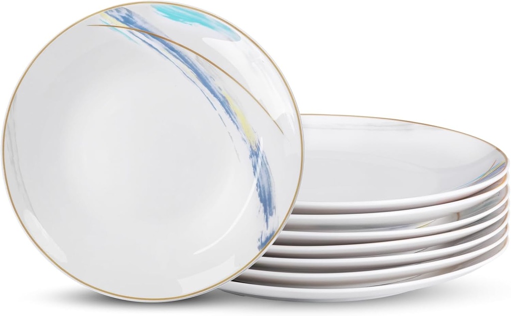 Ceramic Dinner Plates Set of 8, 10 inch, Salad Plates, Pizza Plates, Dinnerware Sets, Microwave & Dishwasher Safe, Fantasy Series, Gold Rim