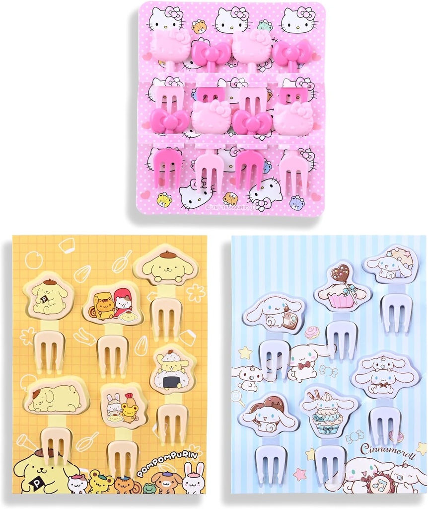 Food Picks - Toothpicks for Appetizers - Durable Plastic Decorative Toppers - Add Fun to Bento Boxes, Lunch & Party Snacks (3 Pack Set (Kitty 8pcs+Cinnamonroll 6pcs+Pompom-Puin 6pcs))