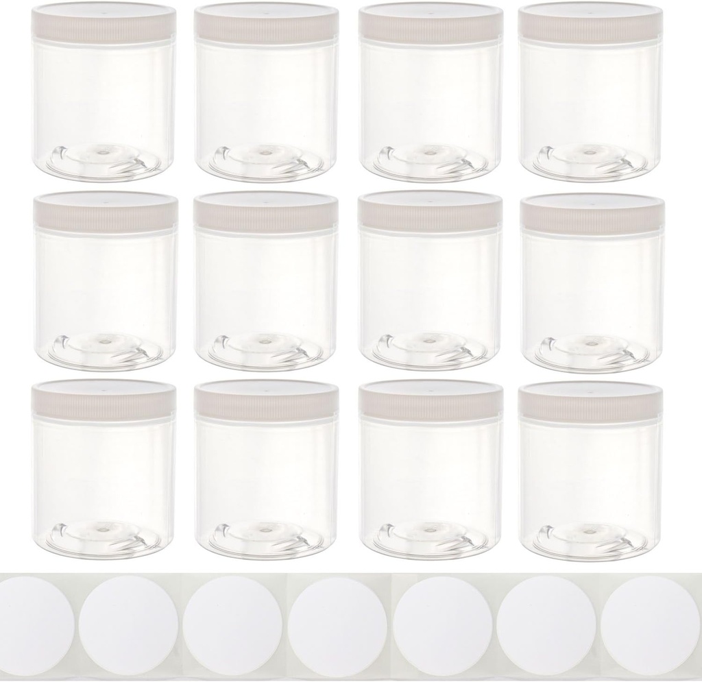 8oz Plastic Wide-Mouth Storage Jars (12 pack) - Large straight-sided clear empty refillable food-grade BPA-free PET containers with white screw-on lids - 70mm 70-400 70/400 Made in the USA
