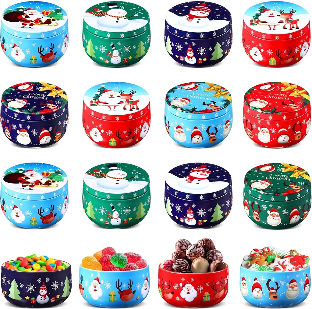 Mumufy 48 Pcs Christmas Cookie Tins 8 Styles Candy Tinplate Retro Tins Candle Tin Storage Containers Metal Cookie Jars Round Nesting Containers for DIY Candles, Dry Storage, Spices, Tea, Candy