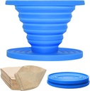 Collapsible Pour Over Coffee Dripper Set - Silicone Reusable Cone Filter Holders with 100Pcs Paper Filters - For Home, Camping, Travel, Office (1, Blue)