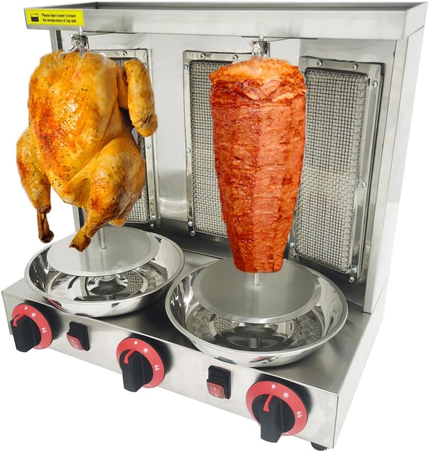 LP Gas Shawarma Grill Machine Vertical Broiler Rotating Doner Kebab Machine Countertop Rotisserie Gyro Grill Oven with 3 Burners for Home Kitchen Adjustable Tempereture