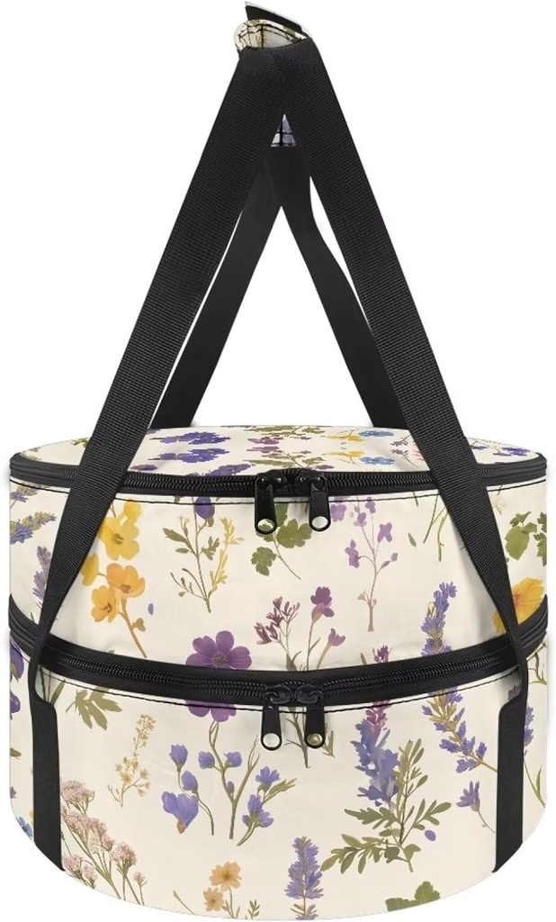 Flowers Insulated Casserole Carrier for Hot or Cold Food Round Pie Carrier Double Decker Insulated Food Delivery Bag Cake and Cheesecake Carrier for Transport