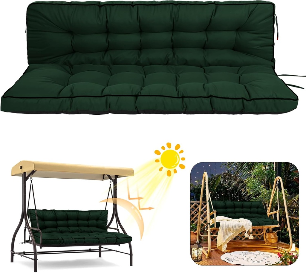 2/3 Seater Swing Replacement Cushion, Waterproof Porch Swing Cushions with Backrest, Thickened Bench Cushions for Outdoor Furniture, for Outdoor Patio Swing (Dark Green, 63 * 40in)