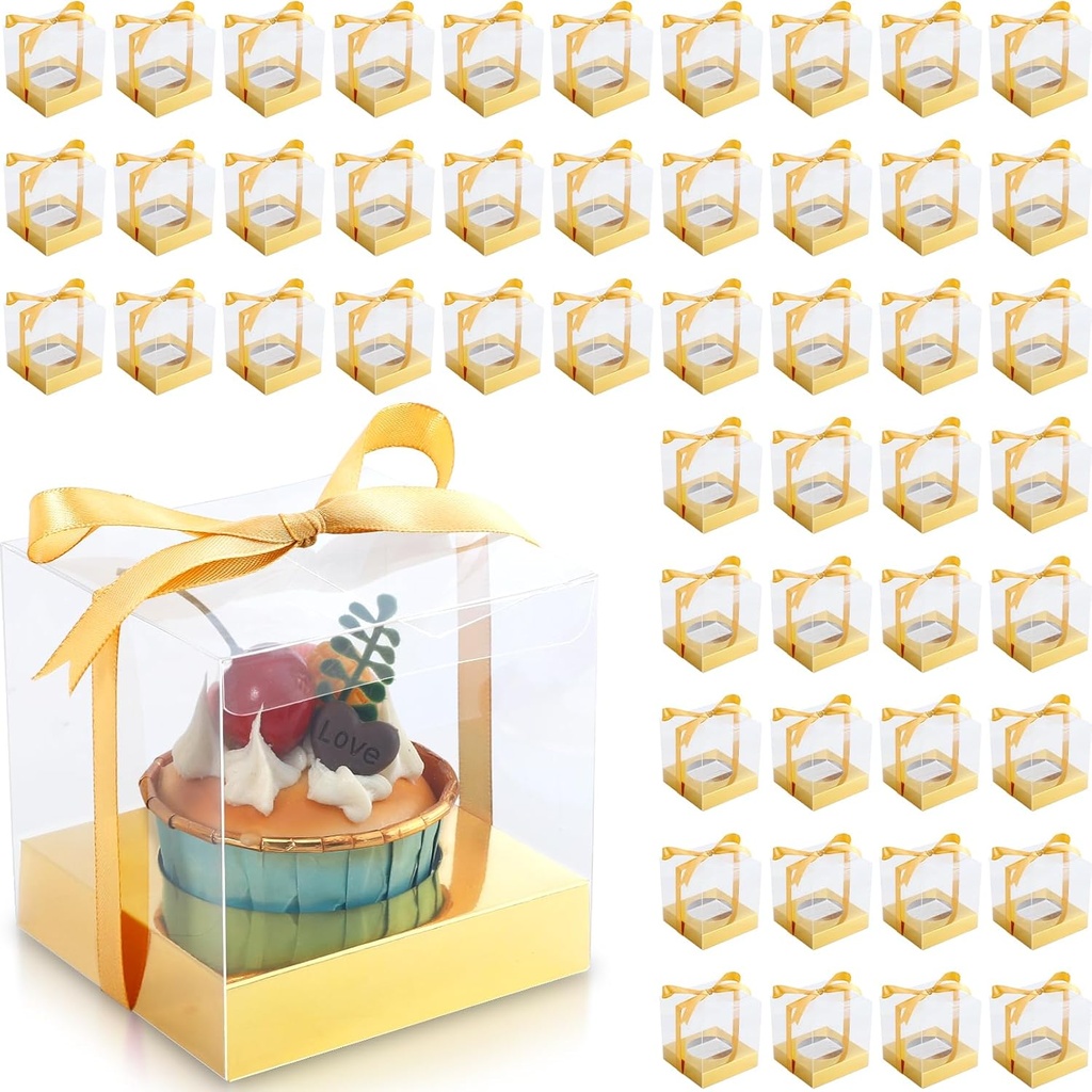 50 Pcs Clear Plastic Cupcake Boxes, 3.5 Inch Single Cupcake Containers, Individual Cup Cake Holder Boxes with Inserts and Ribbon, Cake Storage Holder for Wedding Kitchen Party Favor(Gold)