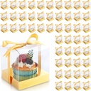 50 Pcs Clear Plastic Cupcake Boxes, 3.5 Inch Single Cupcake Containers, Individual Cup Cake Holder Boxes with Inserts and Ribbon, Cake Storage Holder for Wedding Kitchen Party Favor(Gold)