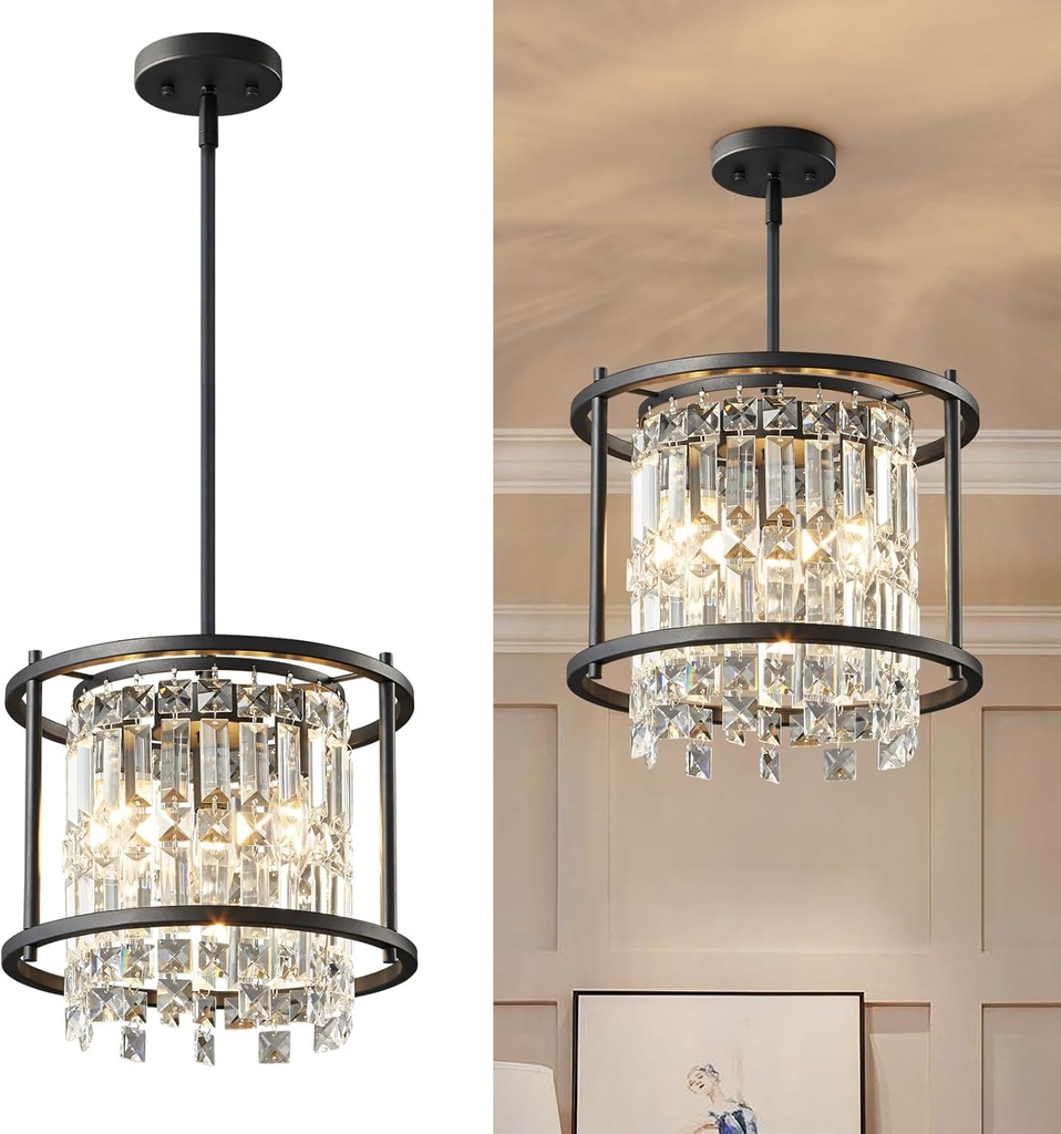 LMQNINE Modern Foyer Chandelier, Black Crystal Chandelier Entryway Pendant Light Fixture, Round Adjustable Height Chandeliers for Kitchen Island, L11.81'' x H7.87''