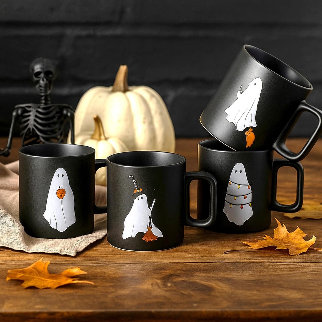 Halloween Mugs Mixed Set of 4, Scary Squad Stoneware Mugs 12 oz Ceramic Ghost Coffee Cup Black Drinking Cup Ghost Designs for Coffee, Tea, Halloween Decor Gifts, 3.3 x 3.7 Inch
