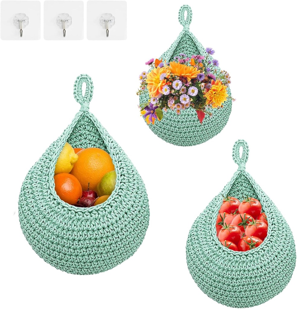 3Pcs Boho Wall Hanging Basket Holder with Hooks - Teardrop Hanging Planters for Kitchen Vegetable Storage (Green)