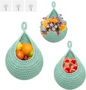 3Pcs Boho Wall Hanging Basket Holder with Hooks - Teardrop Hanging Planters for Kitchen Vegetable Storage (Green)