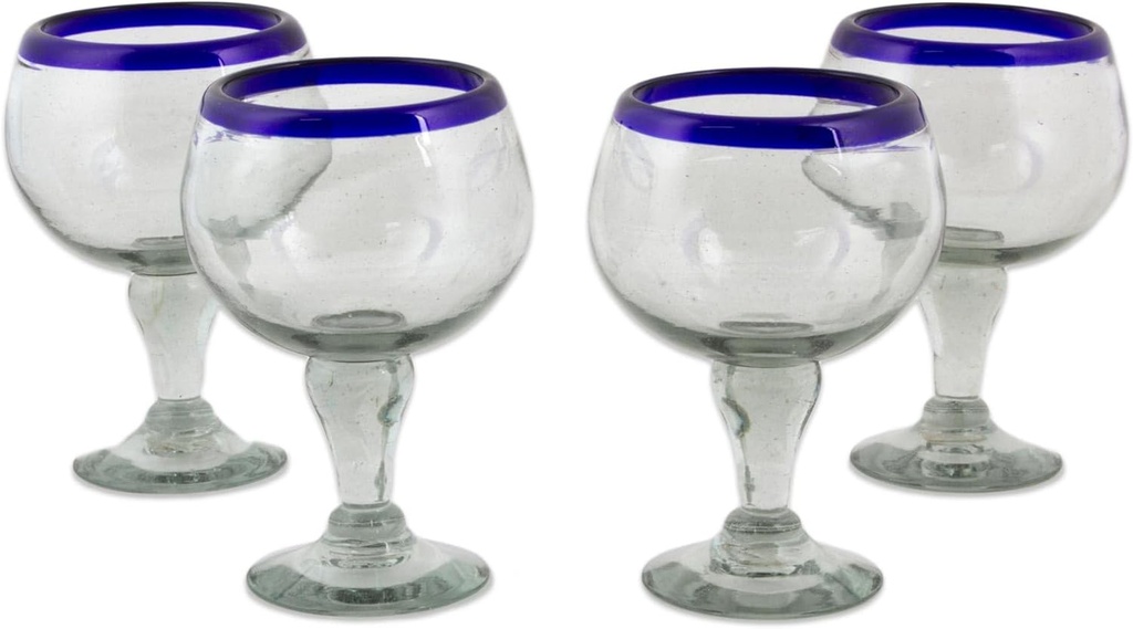 NOVICA 'Cobalt Kiss' Blown Glass Goblets (Set of 4), 7" Tall, Blue Clear
