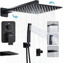 10 Inch Square Black Shower Faucet Set with Tub Spout, Shower Combo System Rainfall Shower Head and Handheld Wall Mount High Pressure Balance Shower Valve Kit for Bathroom