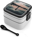 Standing in The Lake Bento Box with Spoon, 2-layer Stackable Lunch Box Leak Proof with Invisible Handle, Insulated Food Storage for Office, Picnic & Travel