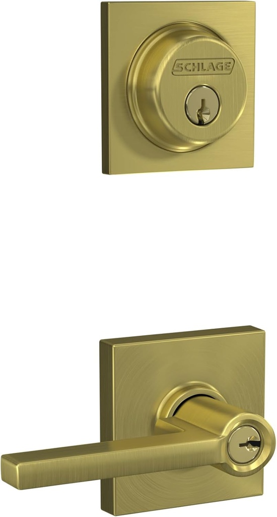 Schlage FB55N V LAT 608 COL Single Cylinder Deadbolt and Keyed Entry Latitude Lever with Collins Trim, Satin Brass