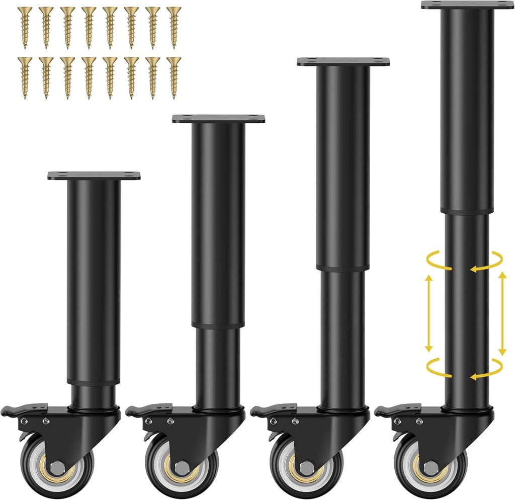 7-12 inch Metal Adjustable Furniture Legs with 2.36 inch Swivel Caster Wheels for Cabinet/Sofa/Bed/Dresser/Couch/Coffee Table,Heavy Duty Replacement Support Legs with Caster Wheels Set of 4