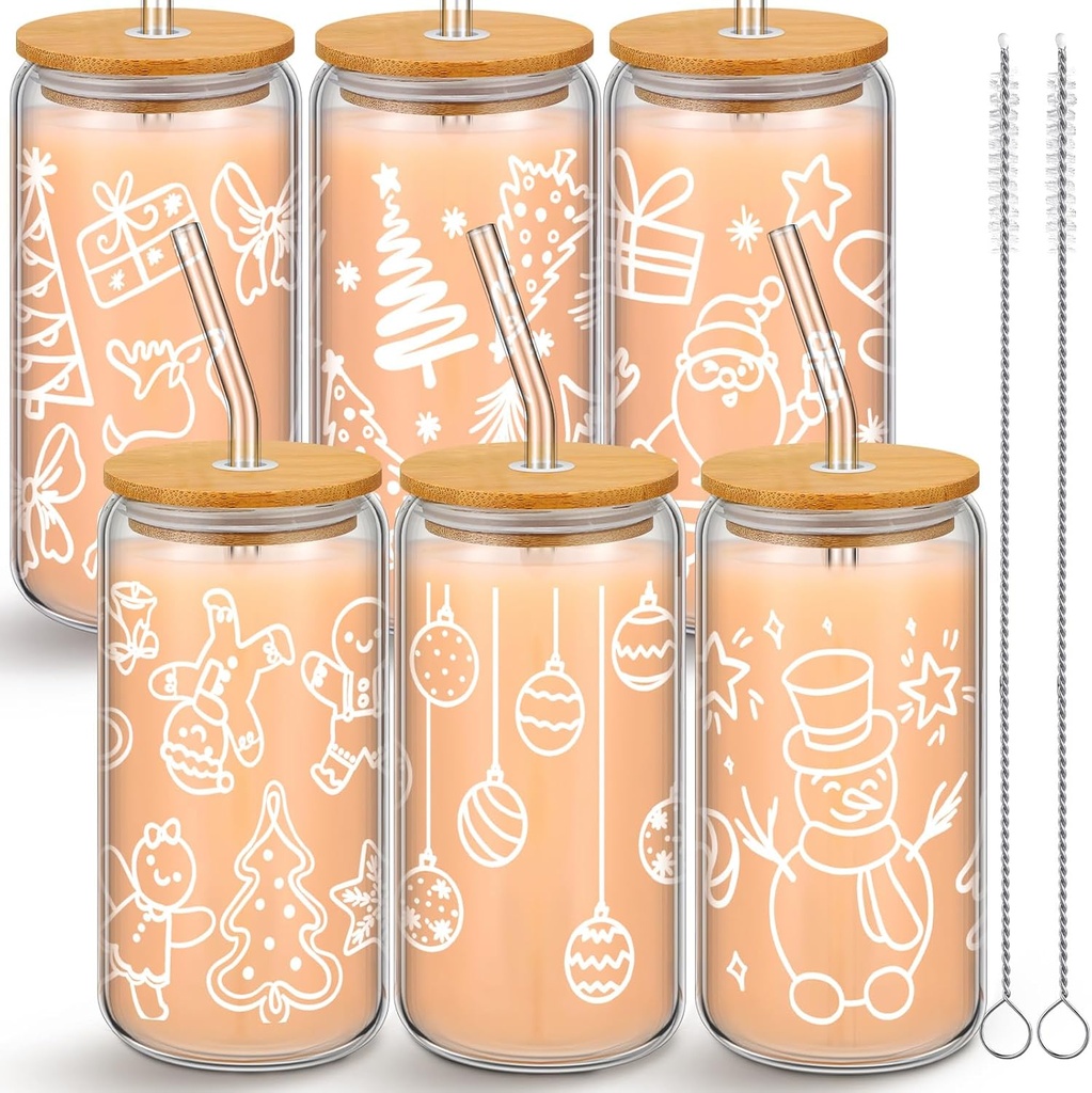 Layhit 6 Pcs Christmas Mason Jar with Lid and Straw 16 oz Glass Tumbler Mugs Iced Coffee Cup for Women Men Xmas Gift