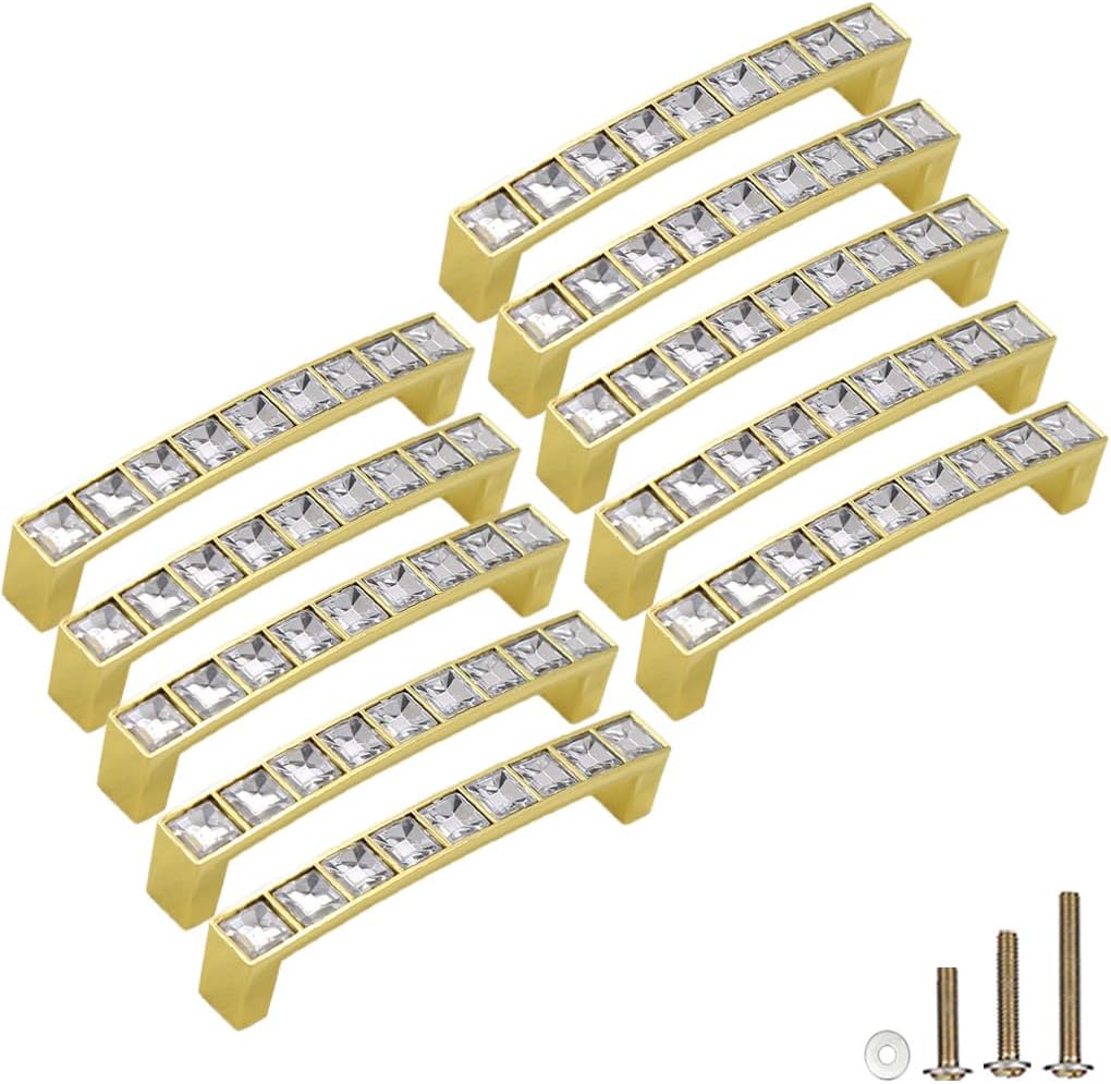 10 Pack Gold U Shape Crystal Glass Rhinestone Cabinet Pulls Knobs Handles,Modern Decorated Shiny Dresser Drawer Konbs Pulls Handles for Cupboard Wardrobe Dresser (10 Pack, 3.8" Hole Centers)
